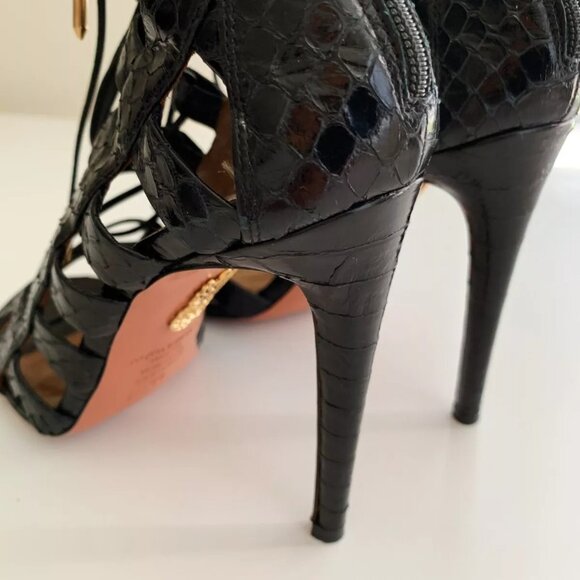 AQUAZZURA Amazon Strappy Snakeskin Sandal, Candy Lipstick  Women\'s AQUAZZURA Amazon Black Python Leather Strappy Lace Up Sandals Size 8